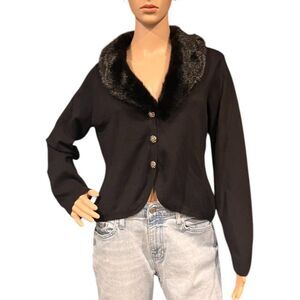 CHICO'S Silk Blend Black Cardigan Sweater Detachable Faux Fur Collar Sz 2